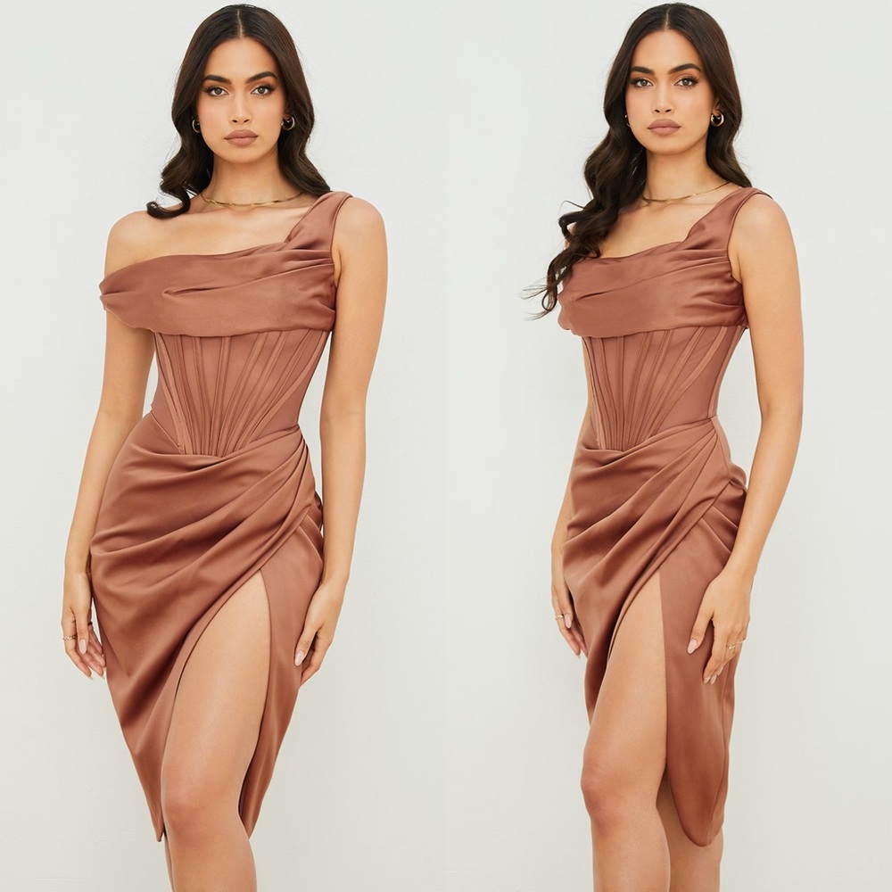 House of CB Lulu toffee asymmetric dipped midi corset dress